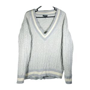 Rag & Bone Women's Theon Size L Gray Merino Wool Cable Knit V Neck Sweater